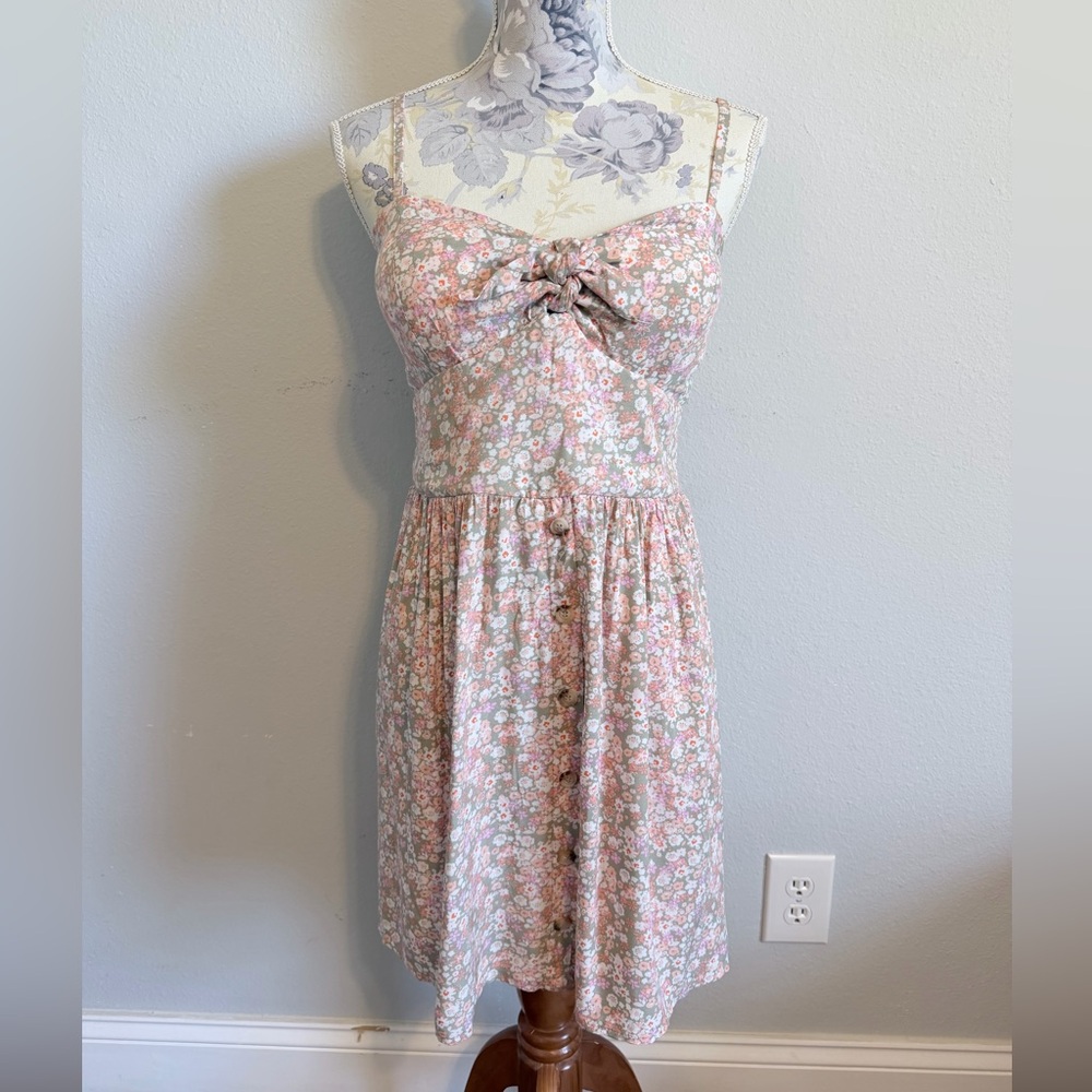 AUW Pink Sage Floral Tie-Front Mini Dress Juniors Size Large Cottagecore Summer